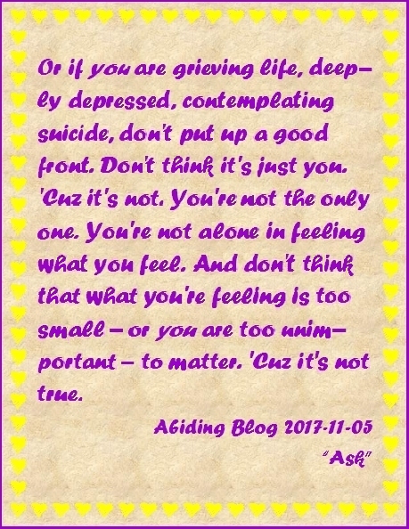 Or if you are grieving life, deeply depressed, contemplating suicide, don't put up a good front. Don't think it's just you. 'Cuz it's not. You're not the only one. You're not alone in feeling what you feel. And don't think that what you're feeling is too small -- or you are to unimportant -- to matter. 'Cuz it's not true. #Suicide #NotAlone #Ask #AbidingBlog2017Ask
